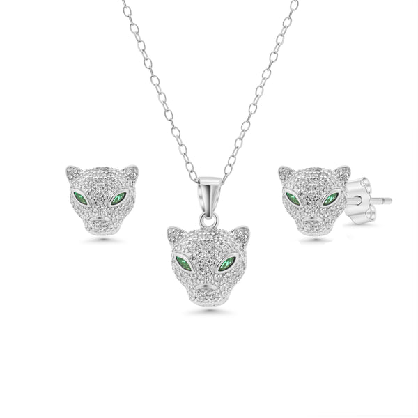 Rhodium Plated 925 Sterling Silver Panther Emerald Eye Clear CZ Set - STS00554