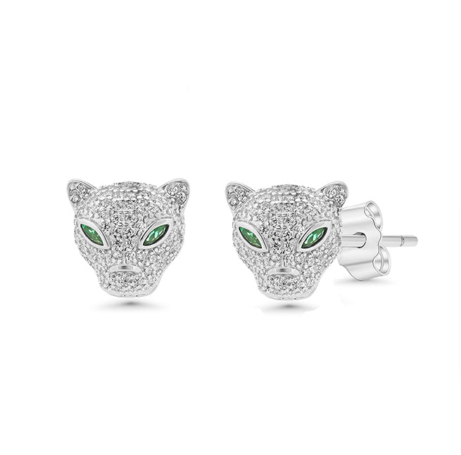 Rhodium Plated 925 Sterling Silver Panther Emerald Eye Clear CZ Set - STS00554