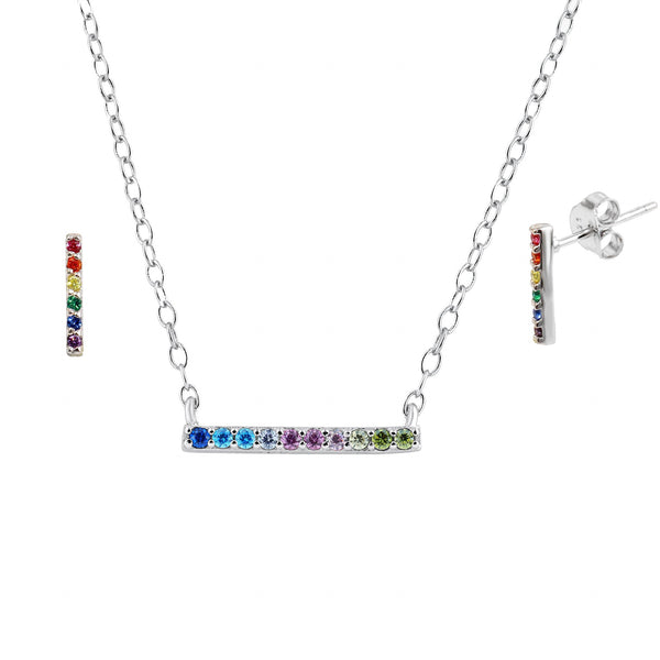 Rhodium Plated 925 Sterling Silver Rainbow Multi Color CZ Bar Necklace & Earring Set- STS00555