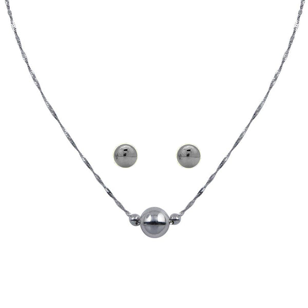 Rhodium Plated 925 Sterling Silver 3 Beads Singapore Chain Necklace & Earring Set - STS00556