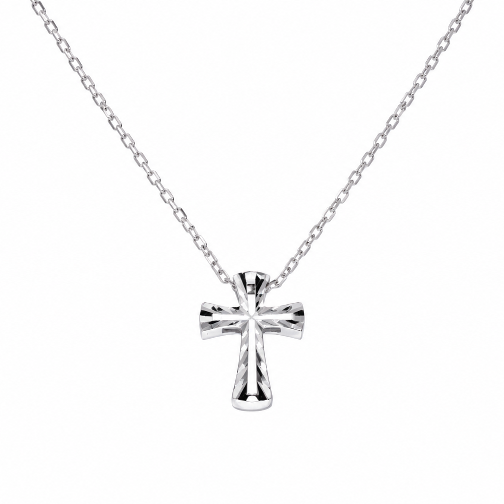 Rhodium Plated 925 Sterling Silver Diamond Cut Cross Necklace