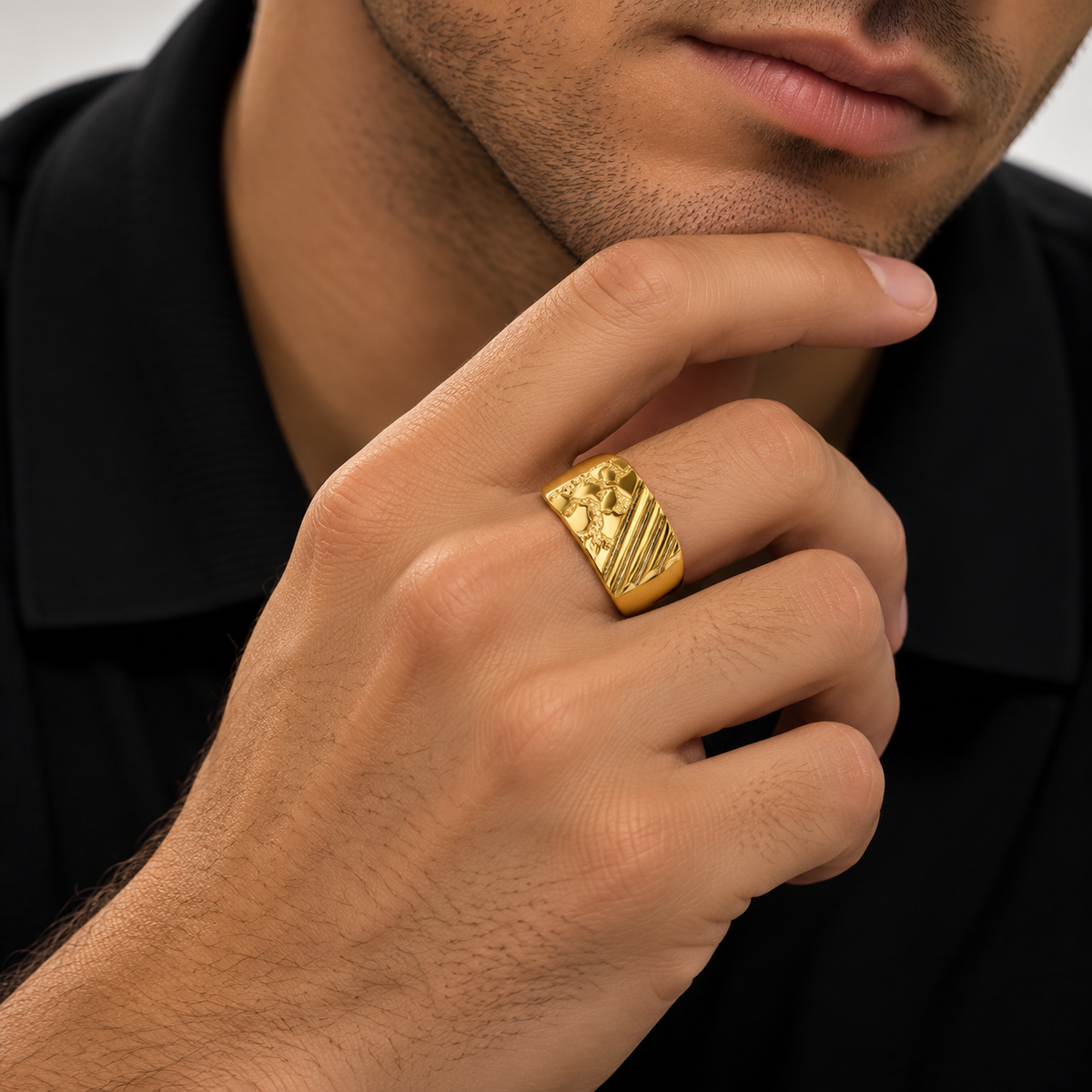Gold Plated 925 Sterling Silver Men's Diagonal Nugget Ring - TGR00040GP