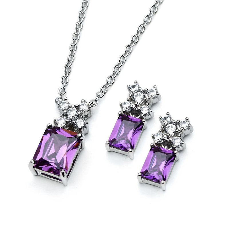 Silver 925 Rhodium Plated Clear Round & Birthstone Rectangle CZ Stud Earring and Necklace Set - BGS00400