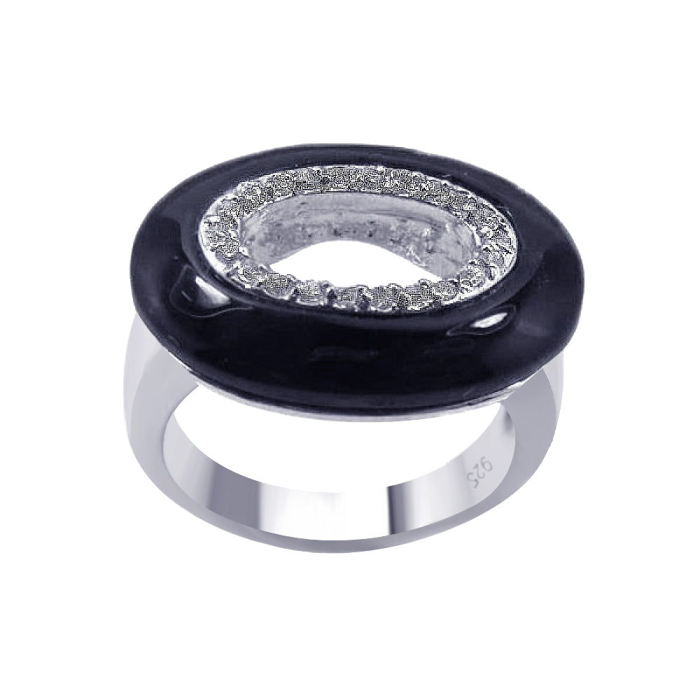 Clearance-Silver 925 Rhodium Plated Open Black Onyx Clear CZ Ring - BGR00118