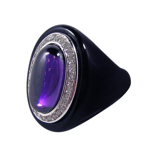 Closeout-Anillo ovalado de plata 925 chapado en rodio con acabado de ágata negra y centro morado con circonita cúbica transparente - BGR00128