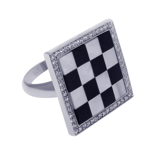 Clearance-Silver 925 Rhodium Plated Clear CZ Black and White Square Checker Ring - BGR00160