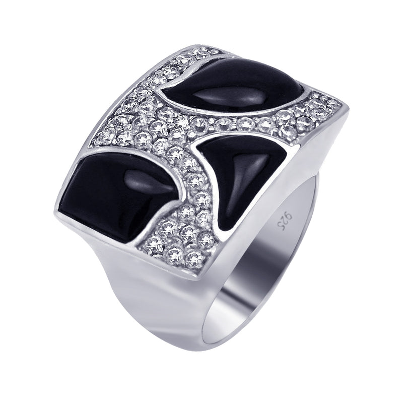 Closeout-Silver 925 Rhodium Plated Black Onyx Clear Pave Set CZ Square Ring - BGR00167