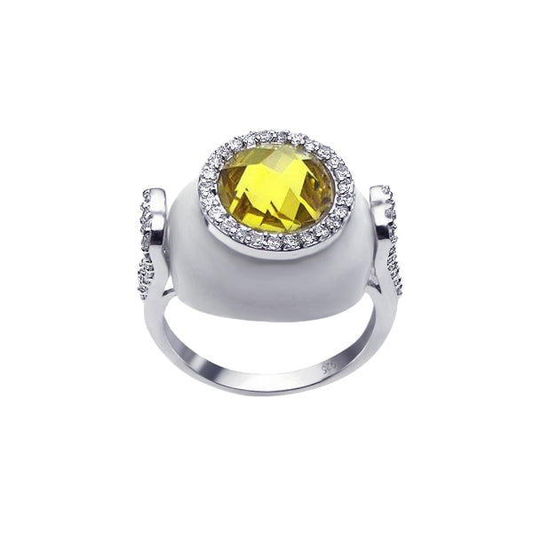 Closeout-Anillo de cañón circular con circonita cúbica transparente y centro amarillo con esmalte blanco chapado en rodio de plata 925 - BGR00176