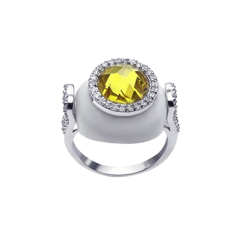 Closeout-Silver 925 Rhodium Plated White Enamel Yellow Center and Clear CZ Circle Cannon Ring - BGR00176