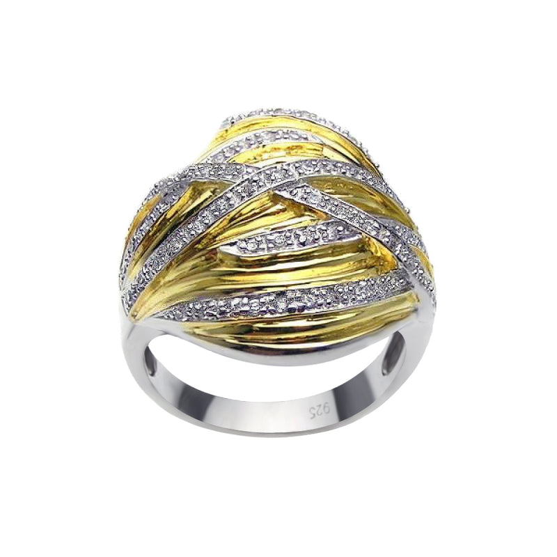 Closeout-Silver 925 Rhodium and Gold Plated CZ Overlapping Ring - BGR00180