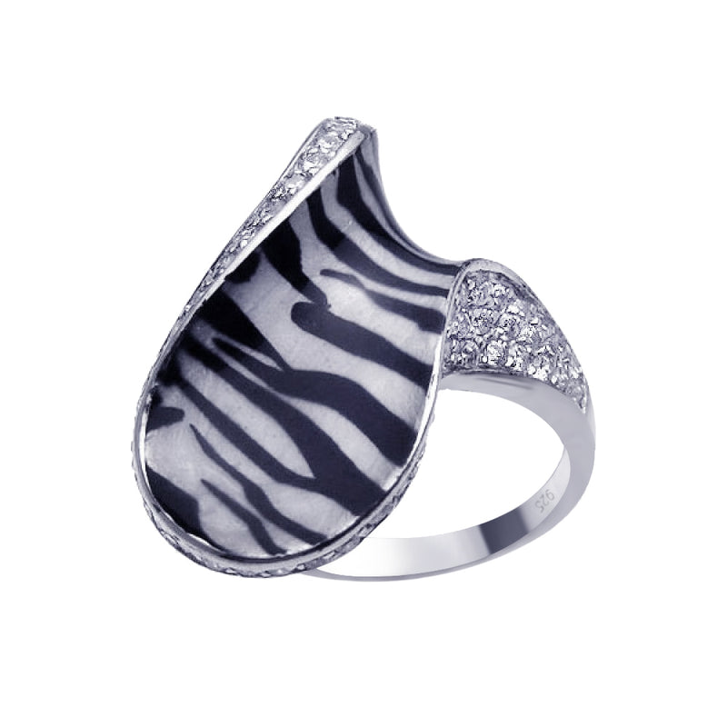 Closeout-Silver 925 Rhodium Plated Pave Set Clear CZ Zebra Print Stripe Ring - BGR00182