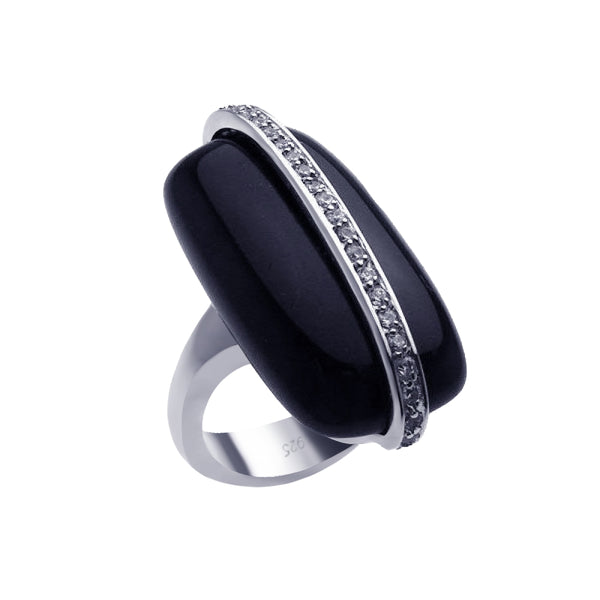Closeout-Anillo de ónix negro alargado con circonita transparente chapada en rodio de plata 925 - BGR00185