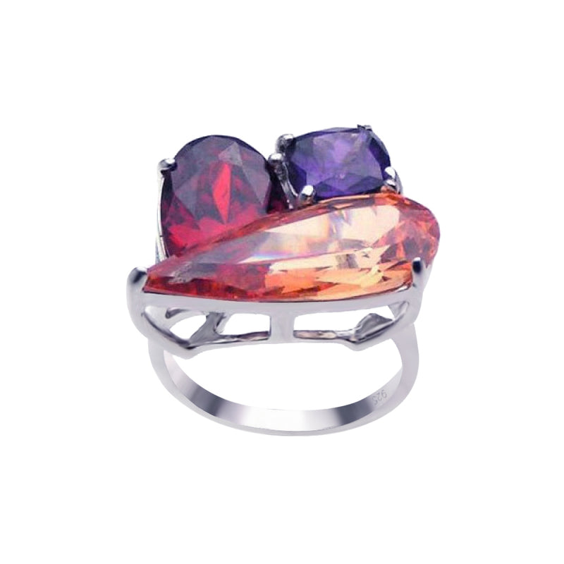 Closeout-Silver 925 Rhodium Plated Multi Colored CZ Shaped Ring - BGR00188