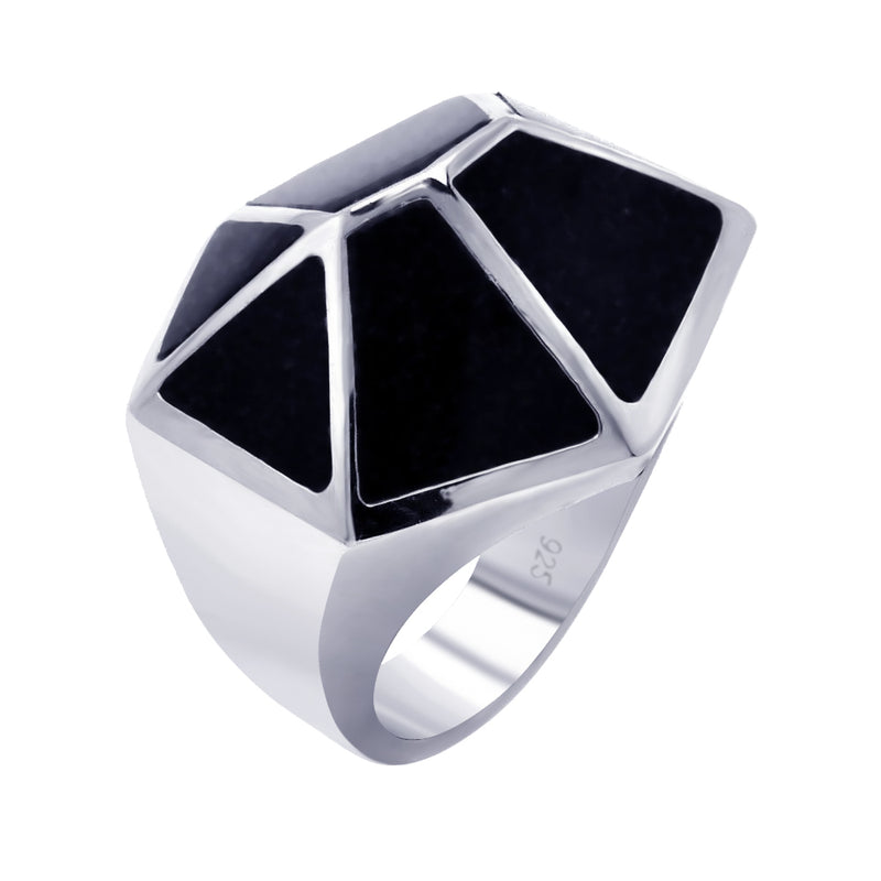 Closeout-Anillo geométrico de cuarzo negro chapado en rodio en plata 925 - BGR00268