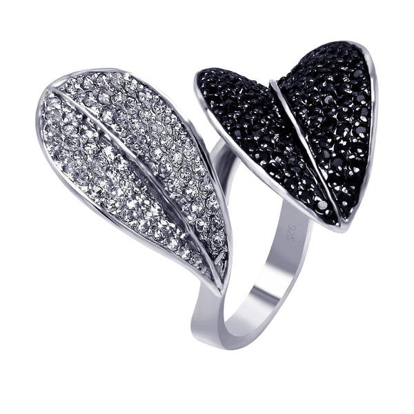 Silver 925 Rhodium and Black Rhodium Plated 2 Toned Black and Clear CZ Leaf Ring - BGR00305