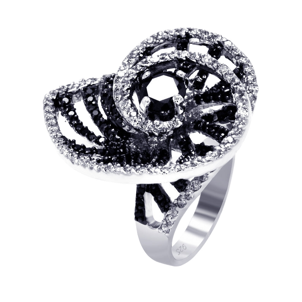 Clearance - Silver 925 Rhodium and Black Rhodium Plated 2 Toned Black and Clear CZ Shell Ring - BGR00315