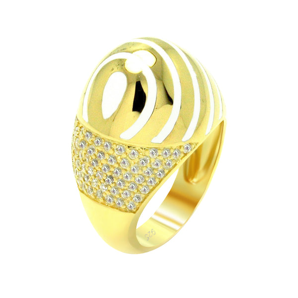 Clearance-Silver 925 Gold Plated White Enamel Clear CZ Stripe Egg Ring - BGR00318