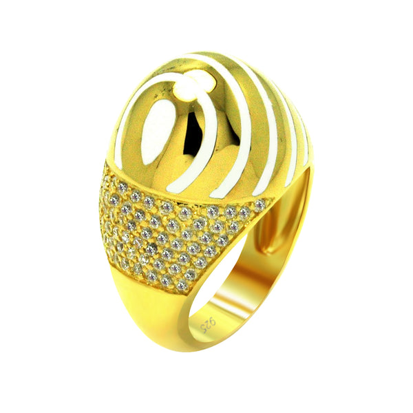 Closeout-Silver 925 Gold Plated White Enamel Clear CZ Stripe Egg Ring - BGR00318