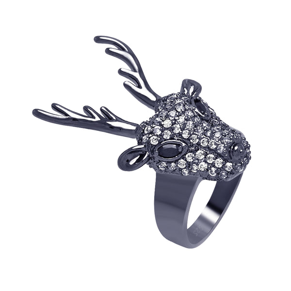 Closeout-Silver 925 Black Rhodium Plated Black and Clear CZ Reindeer Head Ring - BGR00325