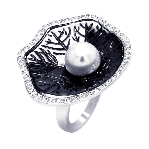 Closeout-Silver 925 Rhodium and Black Rhodium Plated 2 Toned Pearl Center Clear CZ Leaf Ring - BGR00328