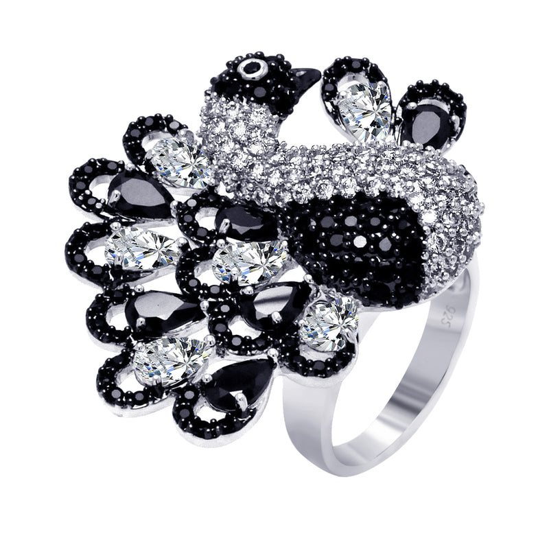 Closeout-Plata 925 rodiada y rodiada negra, 2 tonos, juego de pavé negro y transparente, anillo de pavo real con circonita cúbica - BGR00354