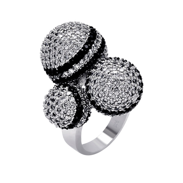 Closeout-Silver 925 Rhodium and Black Rhodium Plated Black and Clear Pave Set CZ Multiple Ball Ring - BGR00355