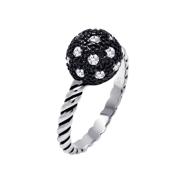 Silver 925 Rhodium and Black Rhodium Plated 2 Toned Black and Clear Pave Set CZ Bead Ball Ring - BGR00365