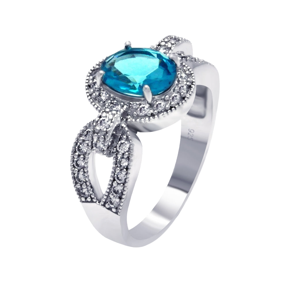 Anillo con centro de aguamarina bañado en rodio y circonita transparente en plata 925 - BGR00370