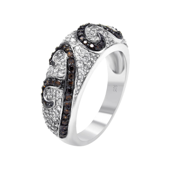 Silver 925 Rhodium and Black Rhodium Plated Champagne and Clear Pave Set CZ Swirl Ring - BGR00371