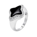 Clearance-Silver 925 Rhodium Plated Black Onyx Center Clear Cluster Border CZ Flower Ring - BGR00378