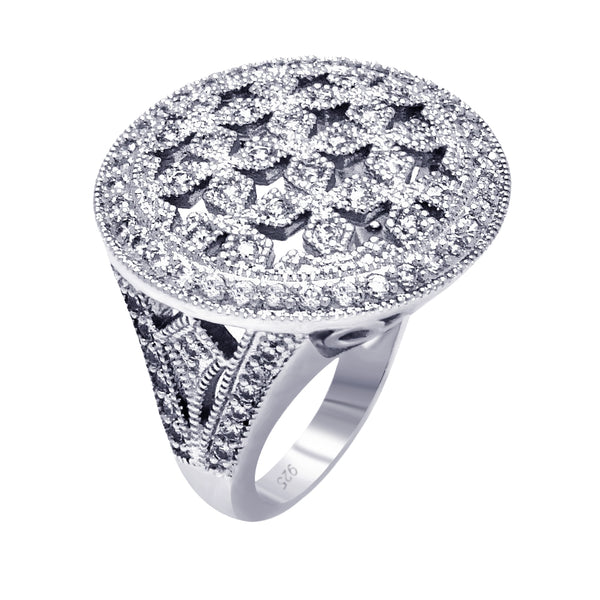 Closeout-Silver 925 Rhodium Plated Clear Cluster CZ Cross Out Disc Ring - BGR00379