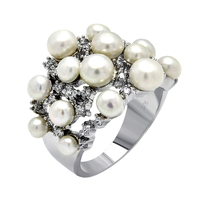 Anillo de perlas de agua dulce múltiples con circonita transparente chapada en rodio de plata 925 - BGR00382