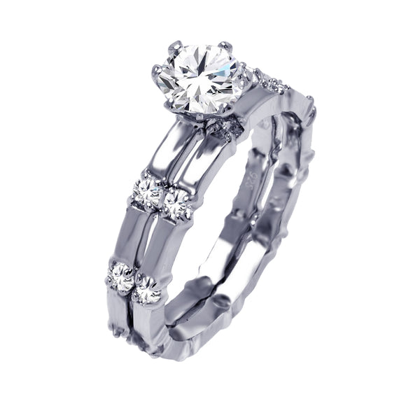 Juego de anillos de novia con circonita transparente y centro redondo chapado en rodio de plata 925 - BGR00384
