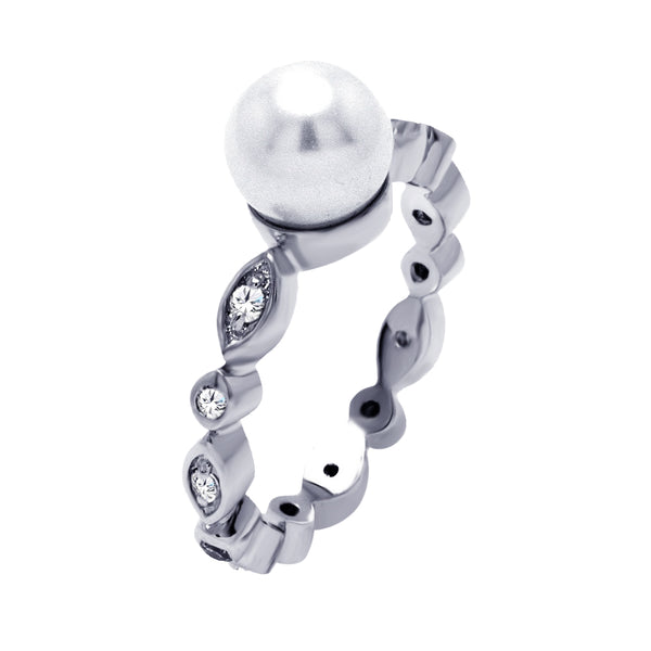 Anillo central de perla CZ transparente chapado en rodio de plata 925 - BGR00386