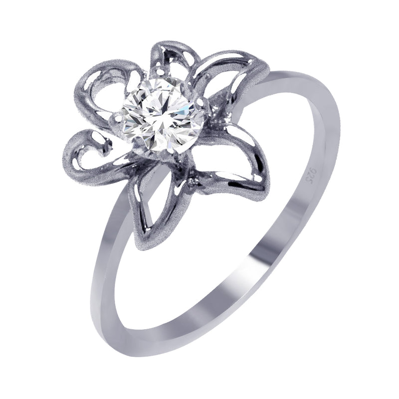 Silver 925 Rhodium Plated Clear Round Center CZ Flower Outline Ring - BGR00395