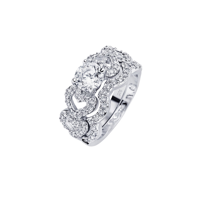 Anillo de novia con corazón de circonita central transparente redondo chapado en rodio de plata 925 - BGR00578