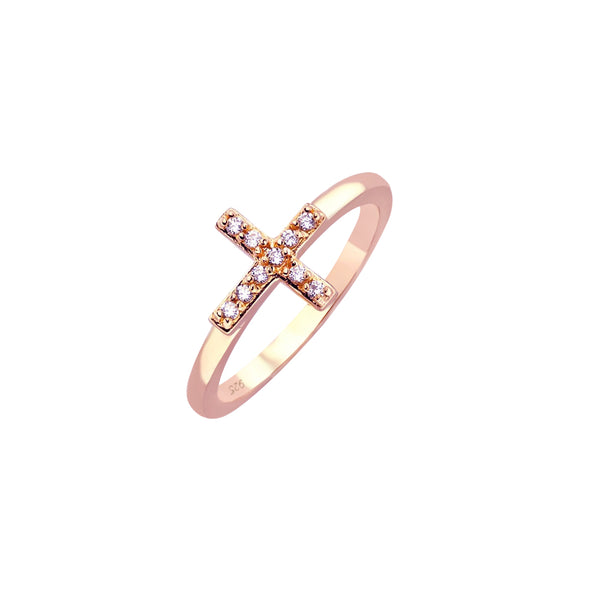Silver 925 Rose Gold Plated Clear CZ Mini Cross Ring - BGR00614RGP