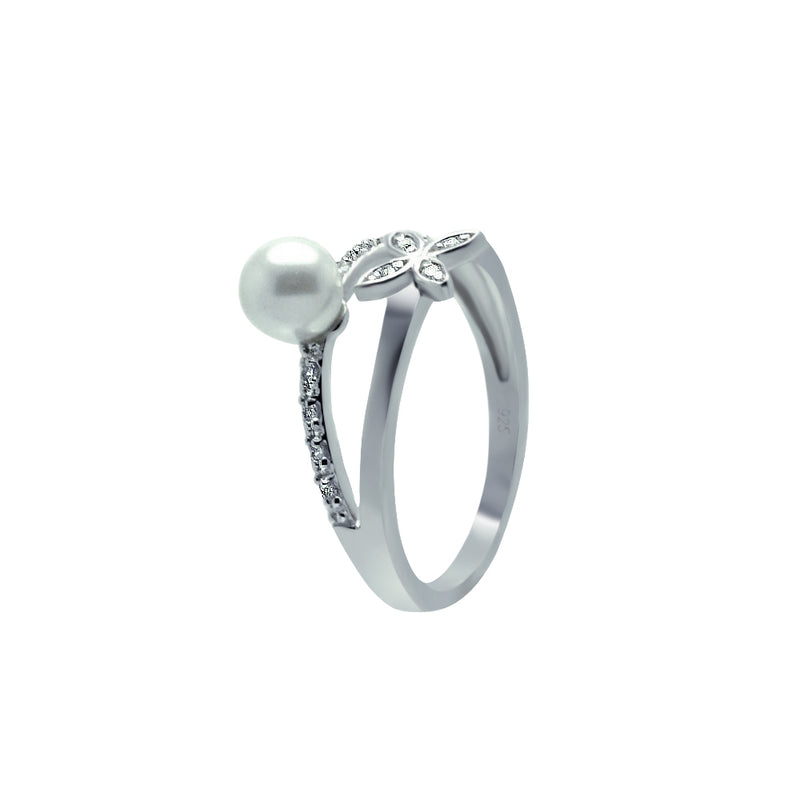 Silver 925 Rhodium Plated Clear CZ Synthetic Pearl Flower Ring - BGR00617
