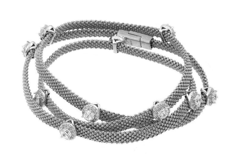 Closeout-Silver 925 Rhodium Plated Clear CZ Double Wrap Beaded Italian Bracelet - PSB00009RH | Silver Palace Inc.