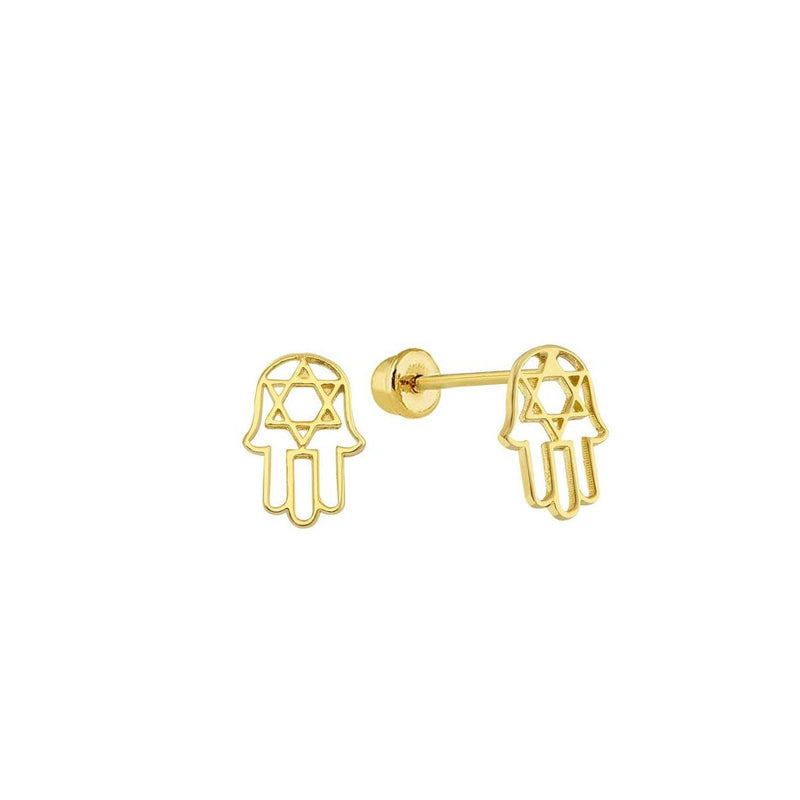 14 Karat Yellow Gold Hamsa Hand Star Of David Screw Back Stud Earrings | Silver Palace Inc.