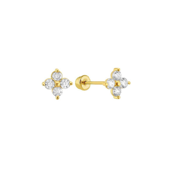 14 Karat Yellow Gold 4 CZ Flower Screw Back Stud Earrings | Silver Palace Inc.