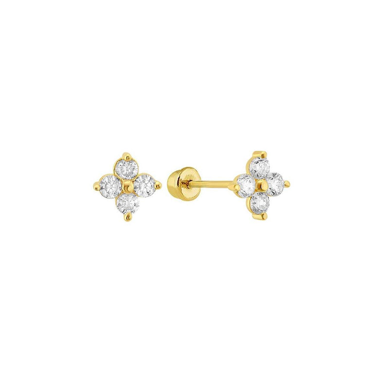 14 Karat Yellow Gold 4 CZ Flower Screw Back Stud Earrings | Silver Palace Inc.