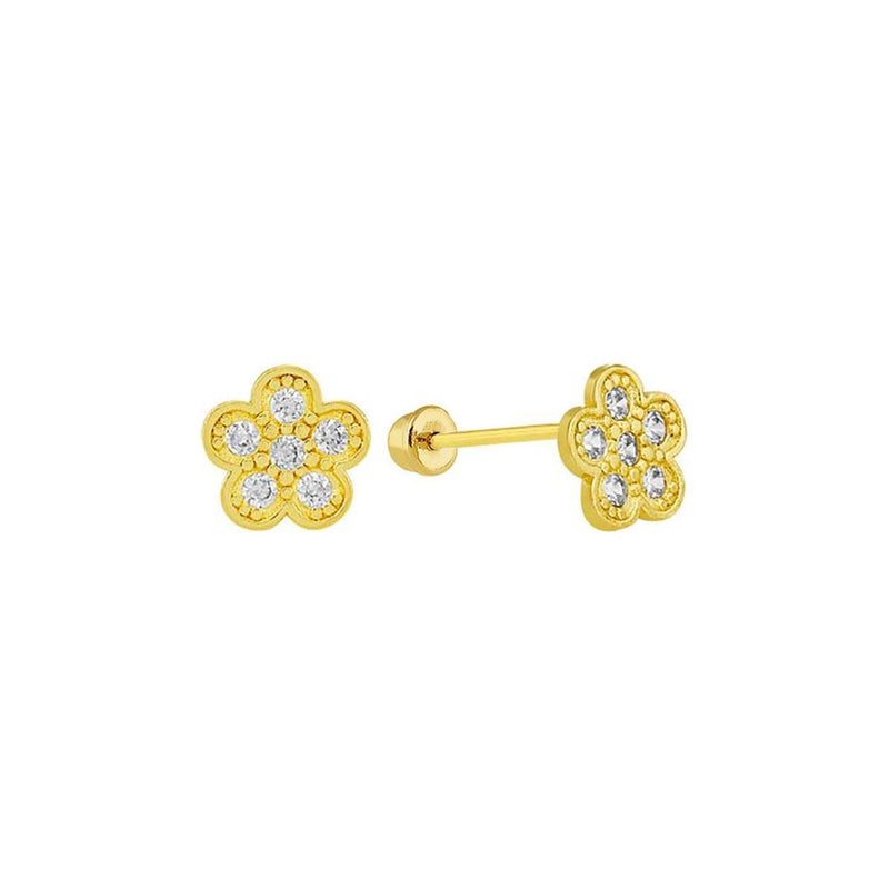 14 Karat Yellow Gold CZ Flower Screw Back Stud Earrings | Silver Palace Inc.