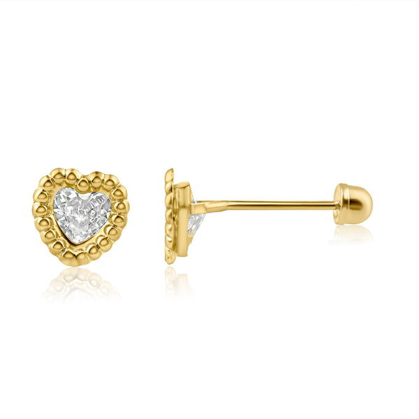 14 Karat Yellow Gold Beaded Edge Heart Clear CZScrew Back Stud Earrings | Silver Palace Inc.