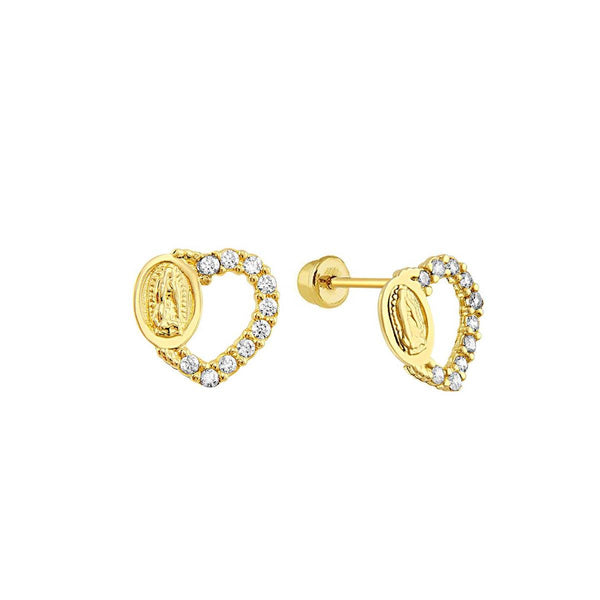 14 Karat Yellow Gold Open Heart CZ Guadalupe Screw Back Stud Earrings | Silver Palace Inc.