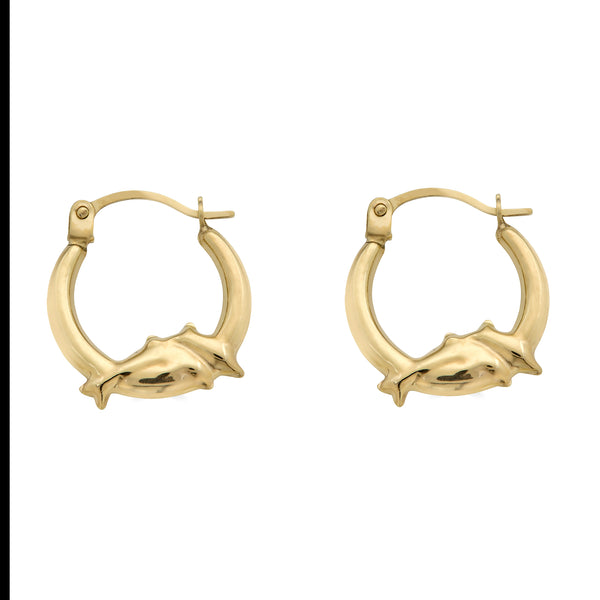 14 Karat Yellow Gold Dolphin Design Latch Back Hoop Earrings | Silver Palace Inc.