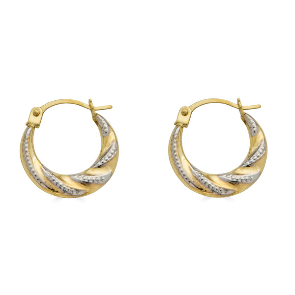 14 Karat Yellow Gold 2T Wave Design Latch Back Hoop Earrings | Silver Palace Inc.