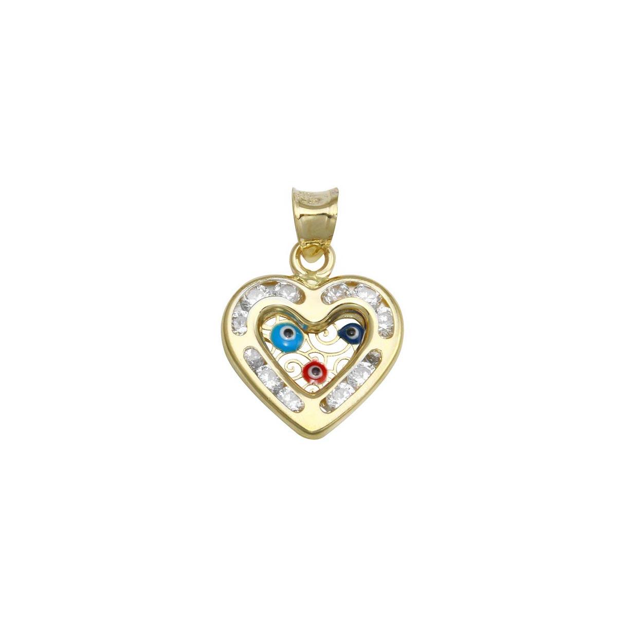 14 Karat Yellow Gold CZ Heart Evil Eyes Pendant | Silver Palace Inc.