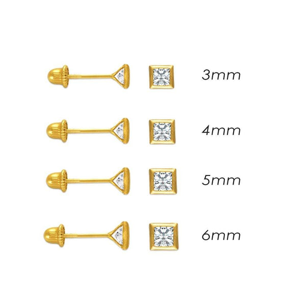 14 Karat Yellow Gold Screw Back Bezel Square CZ Stud Earrings | Silver Palace Inc.