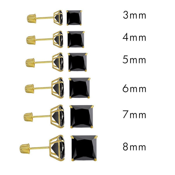 14 Karat Yellow Gold Screw Backing Black CZ Square Stud Earrings | Silver Palace Inc.
